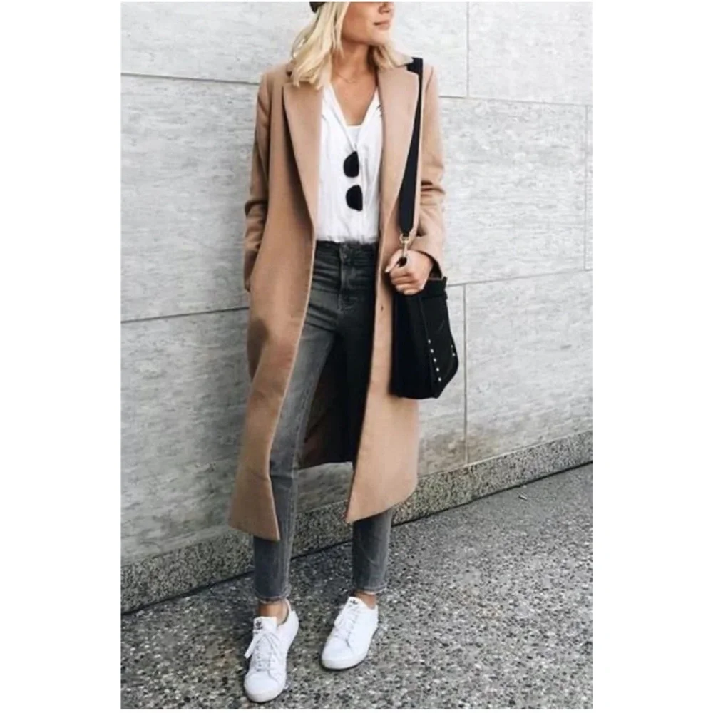 Camel khaki wide collar coat jacket trench coat - Picture 1 of 7